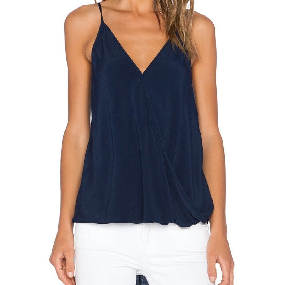 Fifteen Twenty Women's Sz Small Draped Surplice Neck Tank Top Navy Blue High-Low